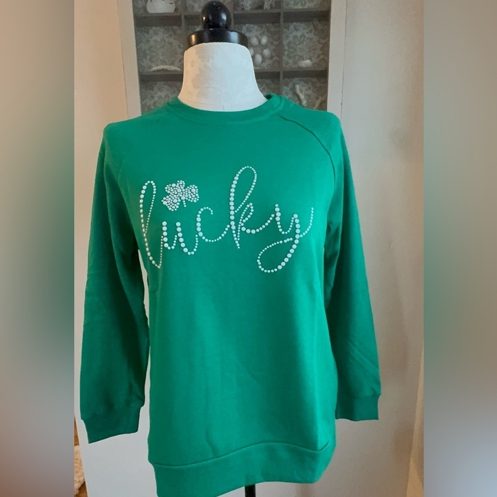 Lucky Shamrock Embellished green sweatshirt sizes S, M, L - Picture 2 of 8
